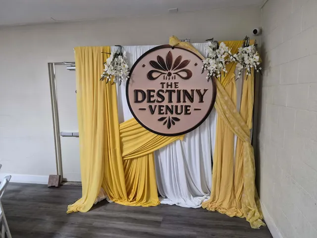 The Destiny Venue welcome sign with drapery
